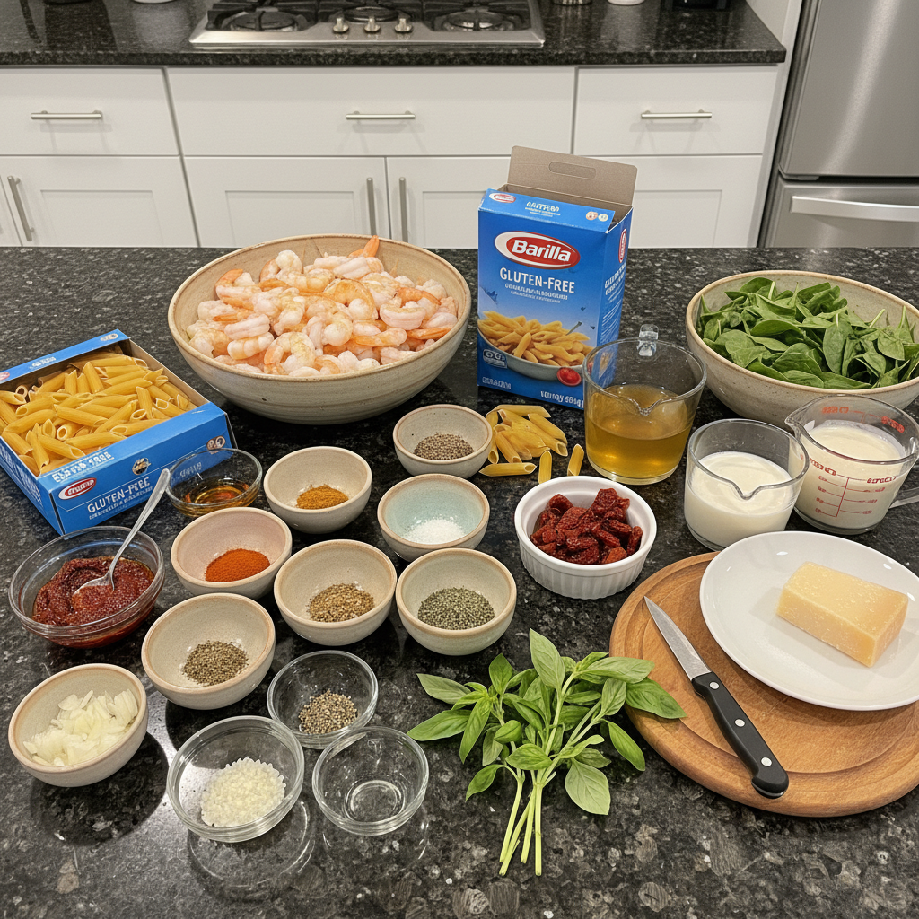 marry-me-shrimp-pasta-ingredients Fresh ingredients for Marry Me Shrimp Pasta laid out, including shrimp, pasta, cream, and herbs.