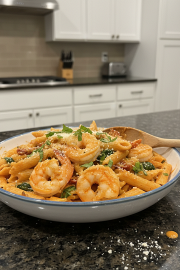 Delicious Marry Me Shrimp Pasta served in a bowl, garnished with fresh basil, ready to enjoy.