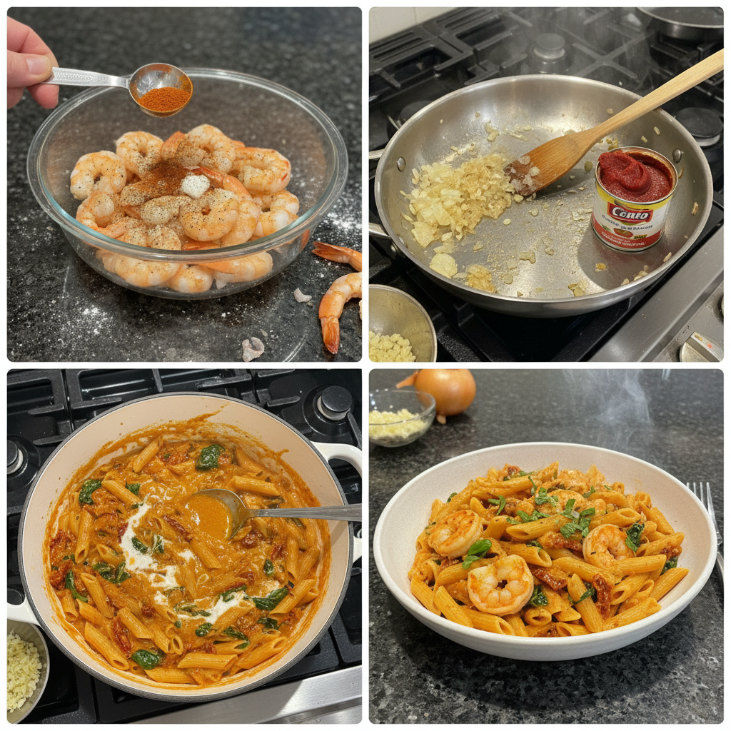 marry-me-shrimp-pasta-preparation Shrimp searing in a pan, a key step in preparing Marry Me Shrimp Pasta.