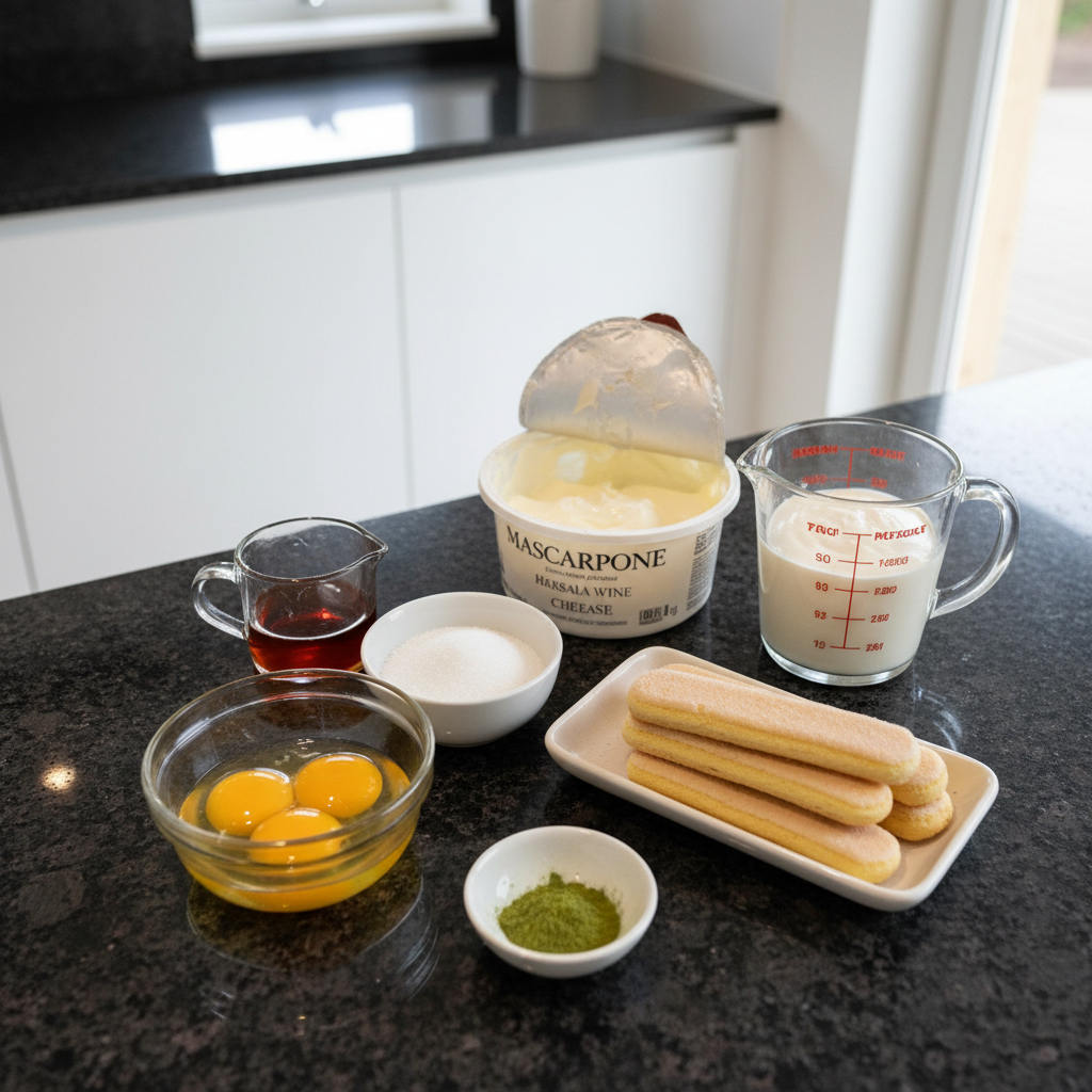 matcha-tiramisu-ingredients-flatlay A flat lay of fresh ingredients for Matcha Tiramisu, including mascarpone cheese, eggs, ladyfingers, and vibrant matcha powder.