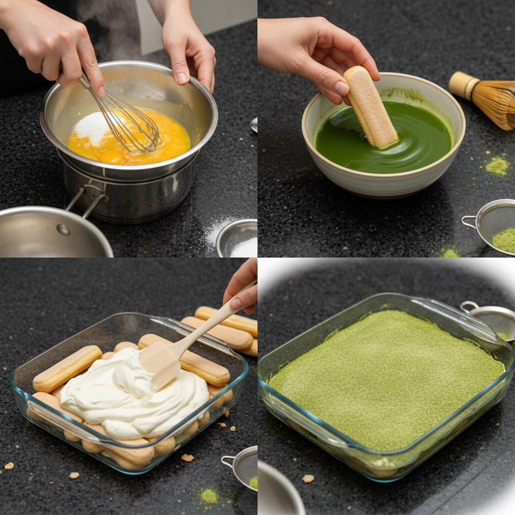 matcha-tiramisu-prep-step-ladyfingers Hands gently dipping a ladyfinger biscuit into a bowl of freshly brewed vibrant green matcha tea during Matcha Tiramisu preparation.