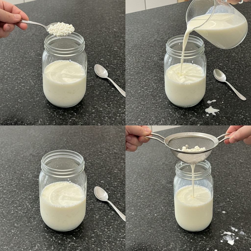 milk-kefir-recipe-fermenting-process Kefir grains actively fermenting in a glass jar of milk on a kitchen counter, part of the Milk Kefir Recipe process.