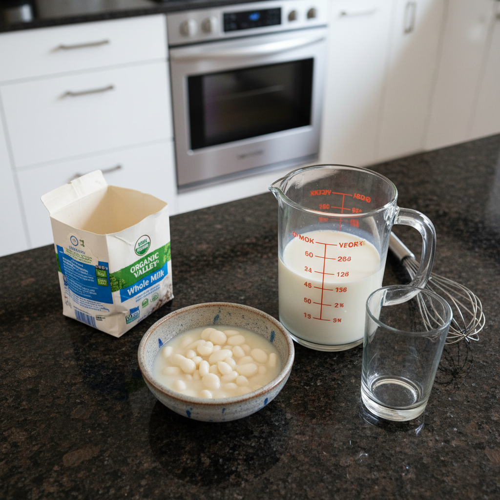 milk-kefir-recipe-ingredients Close-up of fresh whole milk and active kefir grains in a jar, the simple ingredients for a successful Milk Kefir Recipe.