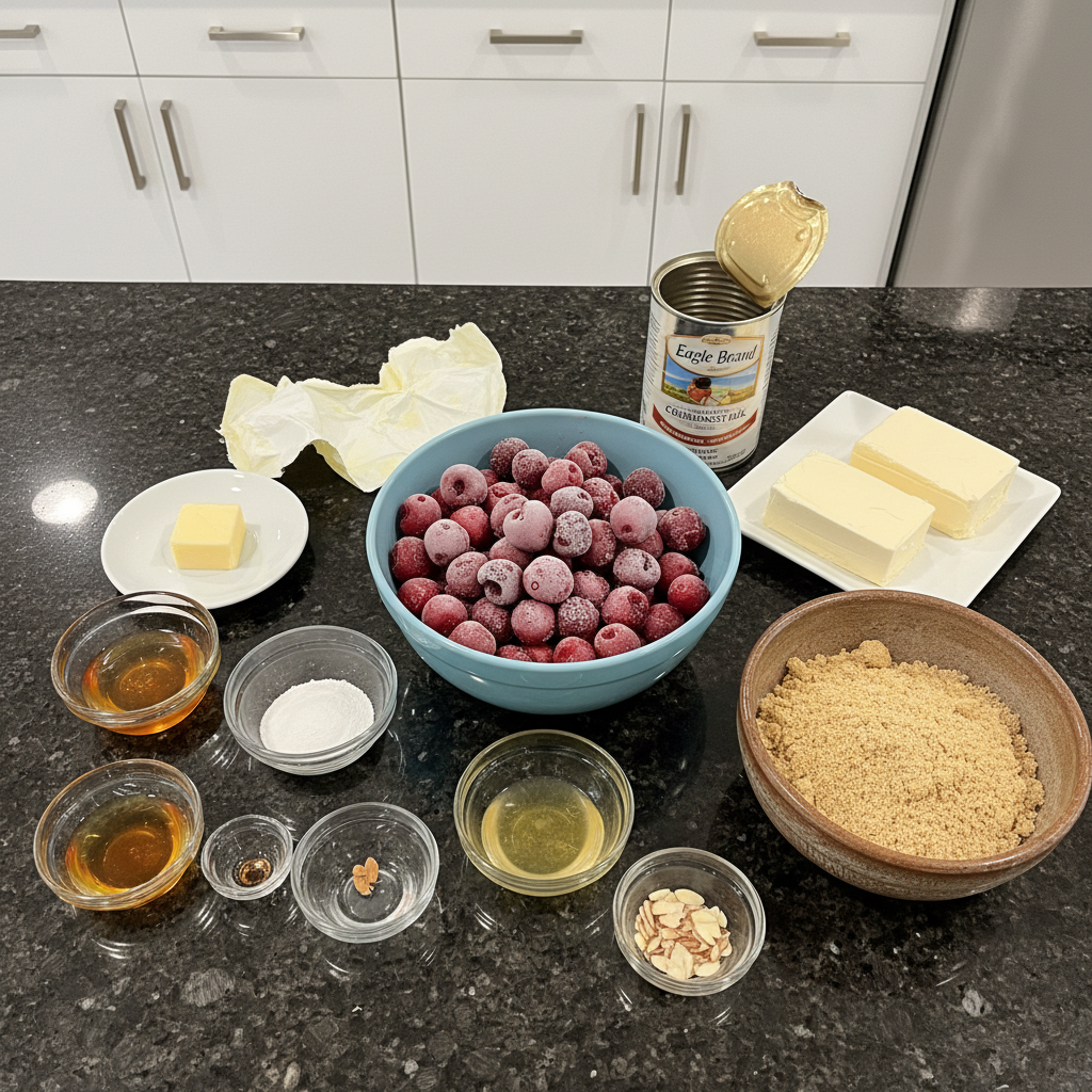 mini-cherry-cheesecake-shooters-ingredients Fresh ingredients for mini cherry cheesecake shooters arranged on a rustic wooden board, including cream cheese, graham crackers, and whole cherries.