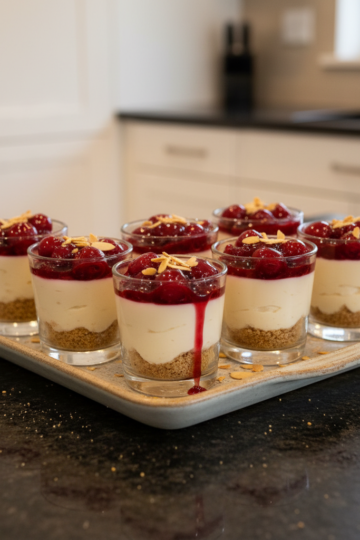 Elegant mini cherry cheesecake shooters in small glasses, topped with bright red cherry compote and a golden crumble base.