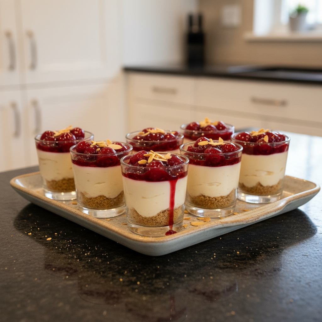 Elegant mini cherry cheesecake shooters in small glasses, topped with bright red cherry compote and a golden crumble base.