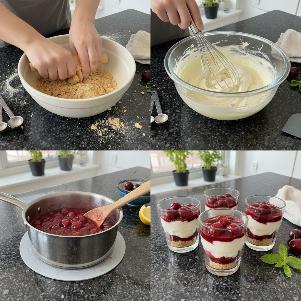 mini-cherry-cheesecake-shooters-prep A hand carefully layering a creamy cheesecake mixture into small shot glasses during the preparation of mini cherry cheesecake shooters.