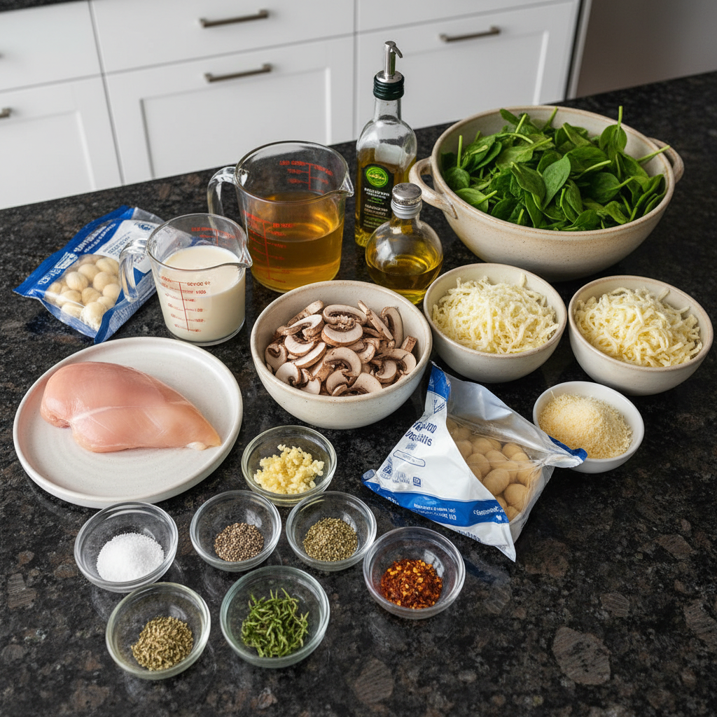 one-pan-chicken-gnocchi-ingredients Fresh chicken pieces, potato gnocchi, tomatoes, spinach, and spices laid out as ingredients for One-Pan Chicken and Gnocchi.