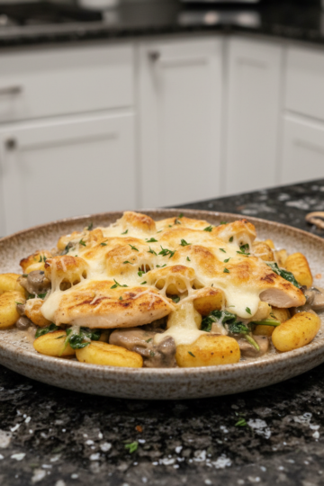 A close-up shot of golden-brown One-Pan Chicken and Gnocchi with spinach, fresh from the oven, served in a cast iron skillet.