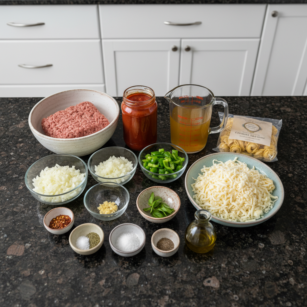 one-pan-garlic-bread-tortellini-recipe-ingredients Fresh ingredients like tortellini, garlic, marinara, and cheese laid out for a one pan garlic bread tortellini recipe.