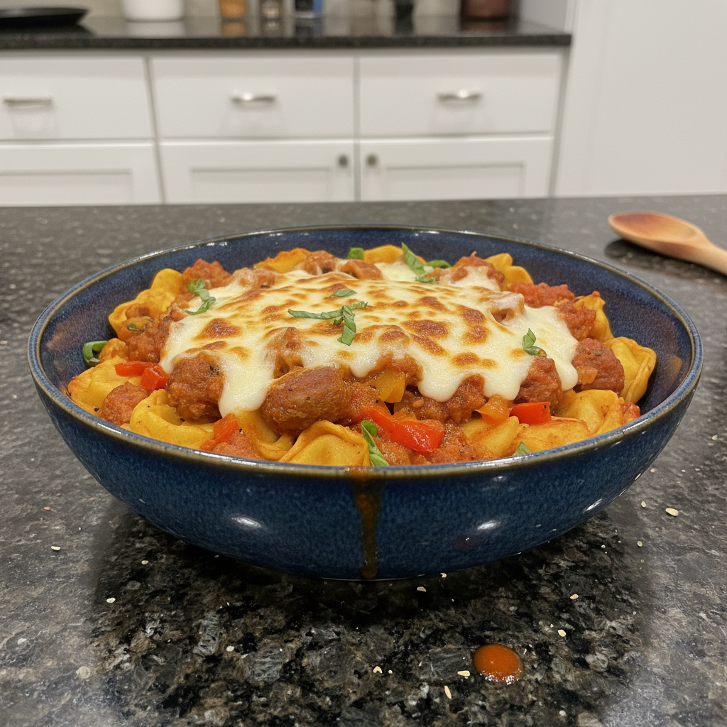 A close-up of a bubbling one pan garlic bread tortellini recipe, garnished with fresh basil.
