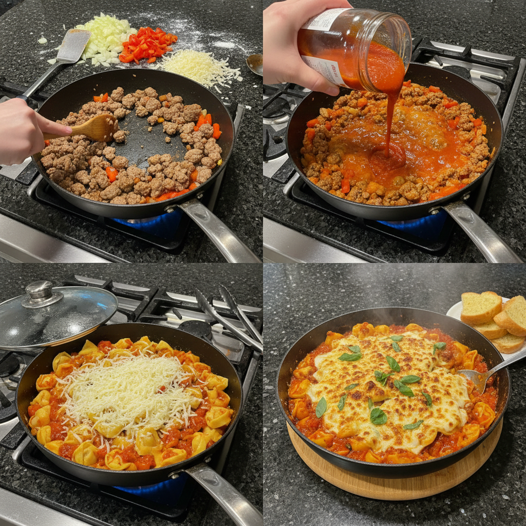 one-pan-garlic-bread-tortellini-recipe-prep Assembling the one pan garlic bread tortellini recipe in a large skillet, adding sauce and cheese.