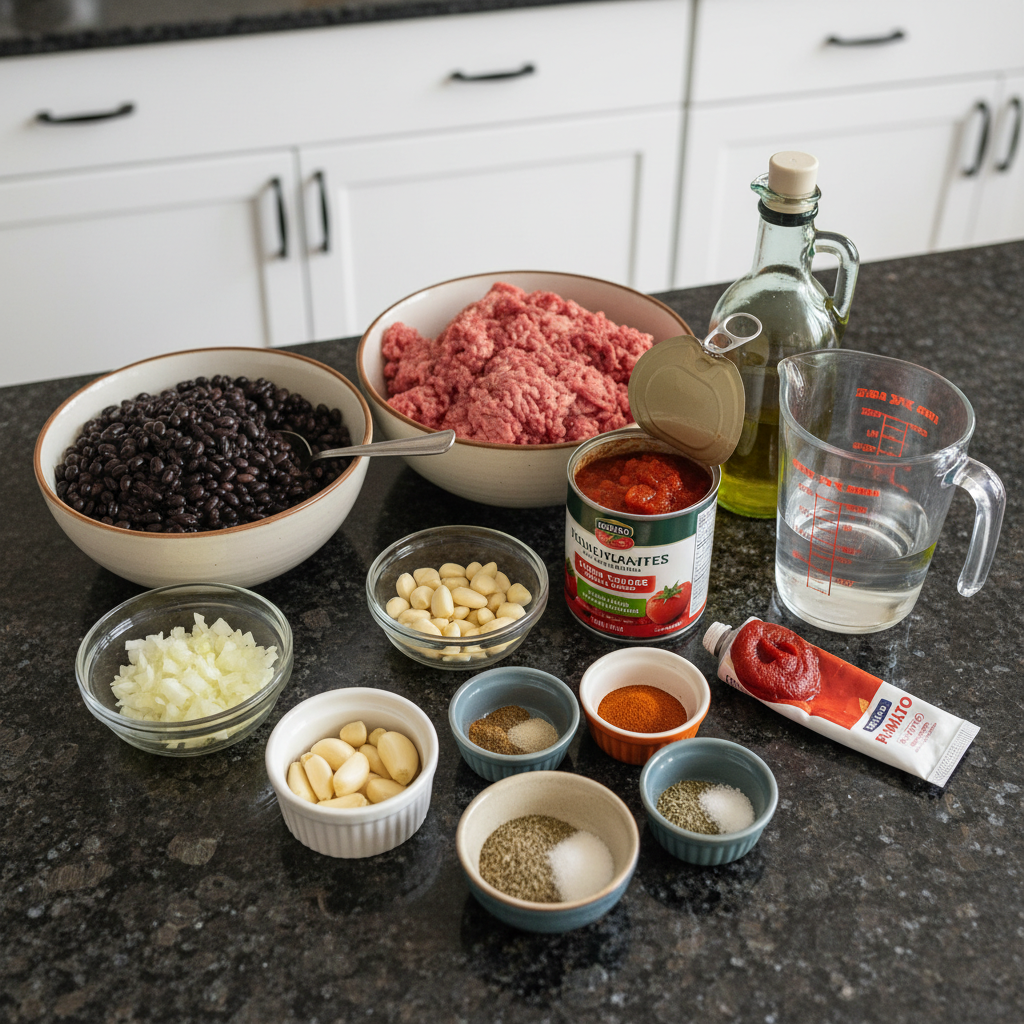 one-pot-black-bean-chili-ingredients Fresh ingredients for One-Pot Black Bean Chili laid out, including black beans, diced tomatoes, and various spices.