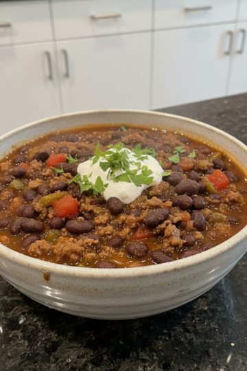 Delicious One-Pot Black Bean Chili in a rustic bowl, garnished with fresh cilantro and creamy avocado slices.