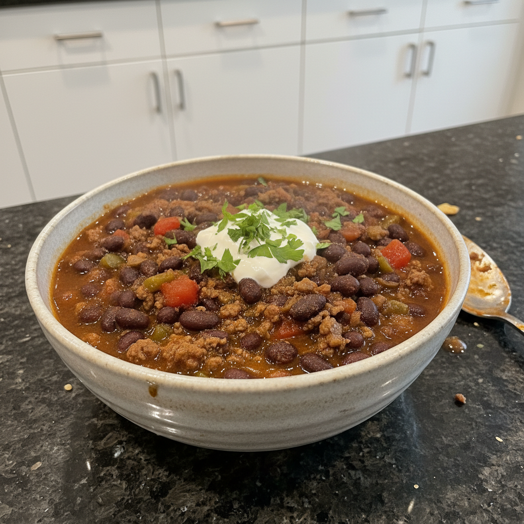 Delicious One-Pot Black Bean Chili in a rustic bowl, garnished with fresh cilantro and creamy avocado slices.