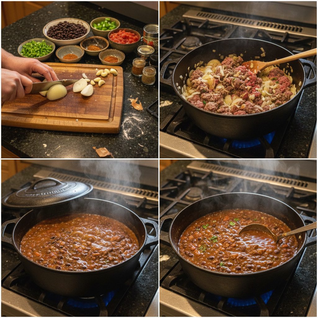 one-pot-black-bean-chili-prep-step Stirring aromatic vegetables and spices in a large pot, a key step for One-Pot Black Bean Chili preparation.