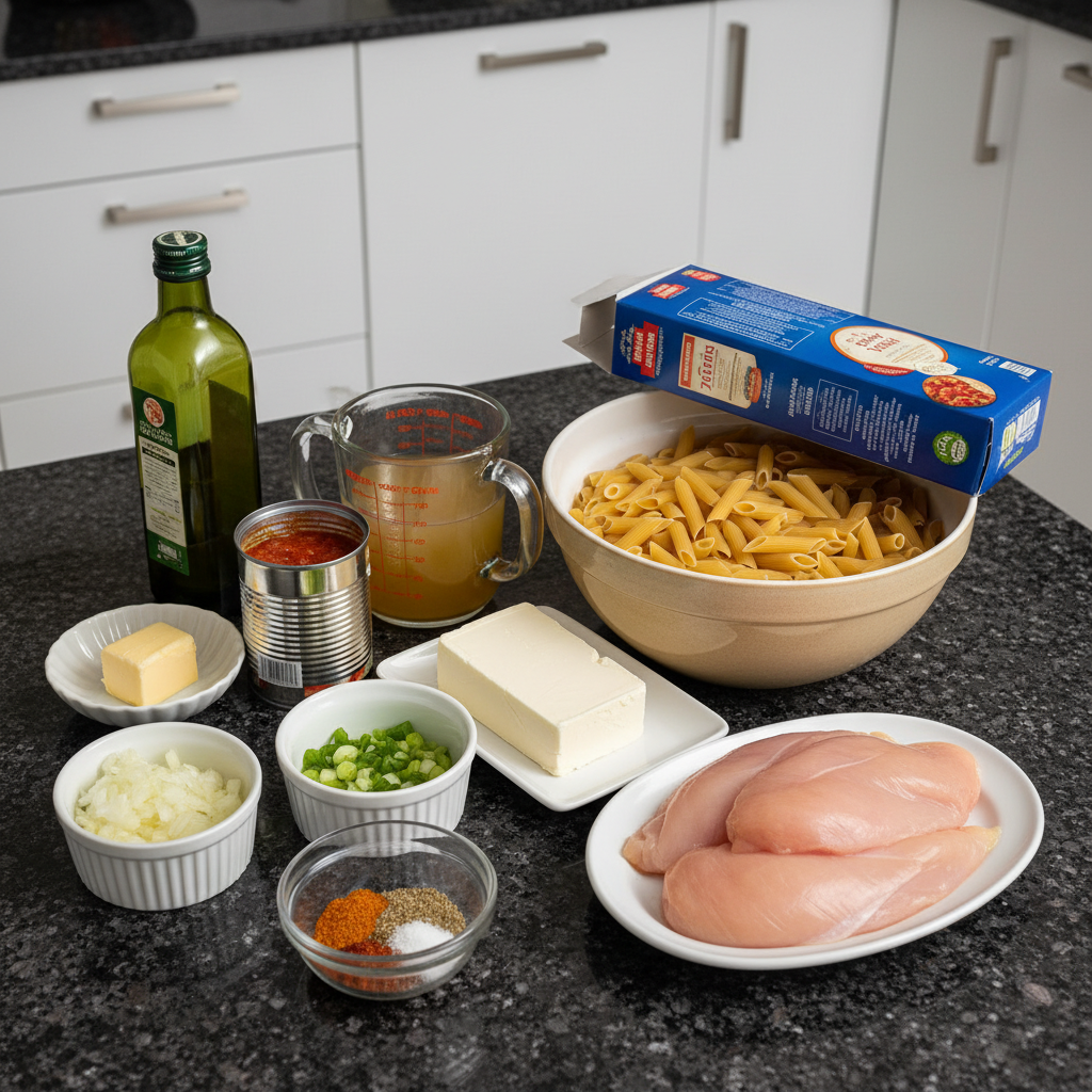one-pot-cajun-chicken-pasta-ingredients Fresh ingredients laid out on a wooden board, ready for making One-Pot Cajun Chicken Pasta, including chicken, pasta, peppers, and spices.