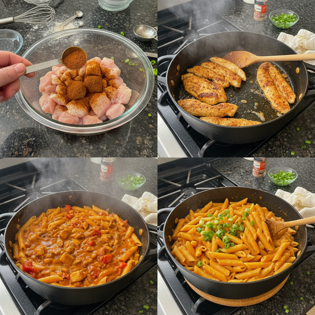 one-pot-cajun-chicken-pasta-prep Chicken, pasta, and vegetables simmering together in a large pot during the preparation of One-Pot Cajun Chicken Pasta.