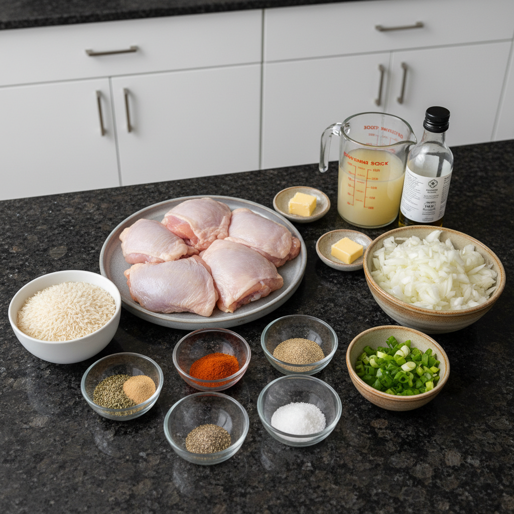 one-pot-chicken-and-rice-ingredients Fresh ingredients for One-Pot Chicken and Rice including raw chicken thighs, uncooked rice, vegetables, and aromatic spices.
