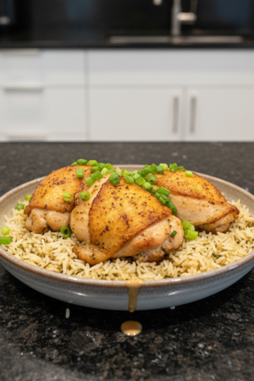 A delicious One-Pot Chicken and Rice dish, garnished with fresh parsley, served in a rustic pot ready to eat.