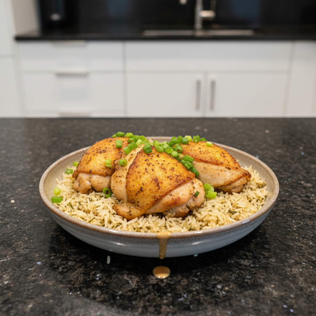 A delicious One-Pot Chicken and Rice dish, garnished with fresh parsley, served in a rustic pot ready to eat.