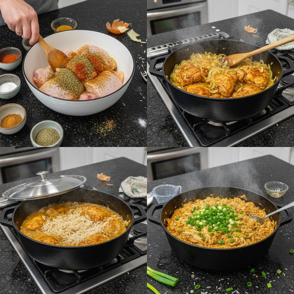 one-pot-chicken-and-rice-prep-cooking A chef is stirring chicken and rice in a large pot, a key step in preparing One-Pot Chicken and Rice.