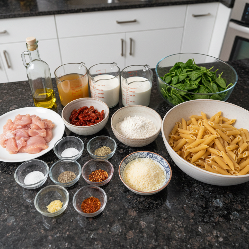 one-pot-chicken-florentine-ingredients Fresh ingredients for One-Pot Chicken Florentine, including chicken, spinach, cream, and pasta, laid out on a cutting board.