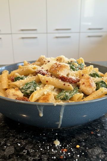 Creamy One-Pot Chicken Florentine in a skillet, garnished with fresh herbs, ready to serve.