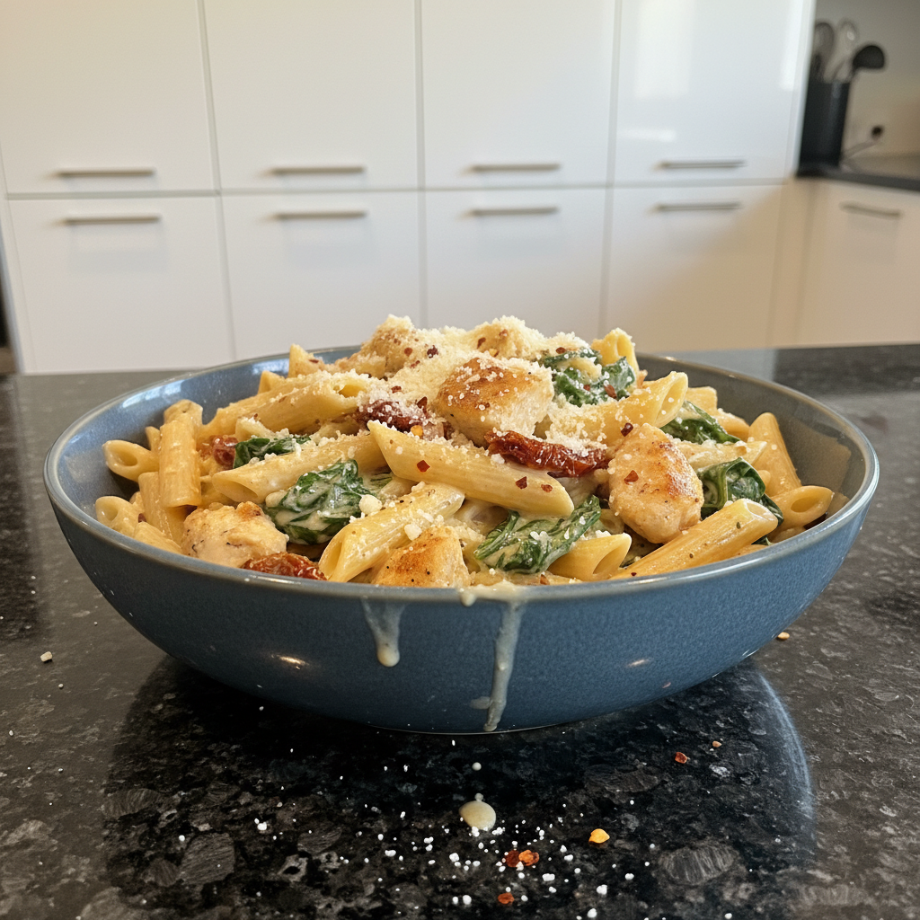 Creamy One-Pot Chicken Florentine in a skillet, garnished with fresh herbs, ready to serve.