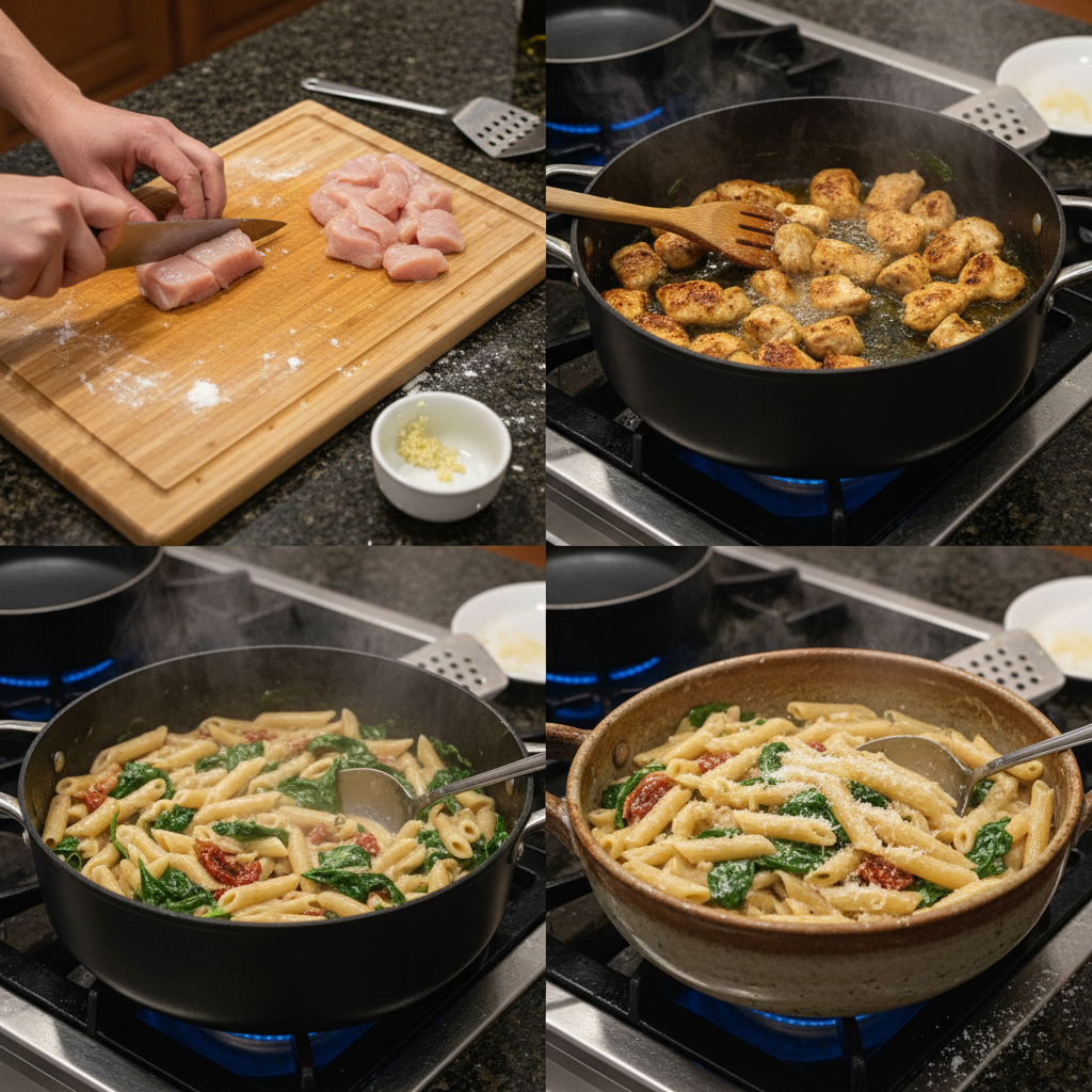 one-pot-chicken-florentine-prep-step Chicken browning in a large skillet, a key step in preparing One-Pot Chicken Florentine.