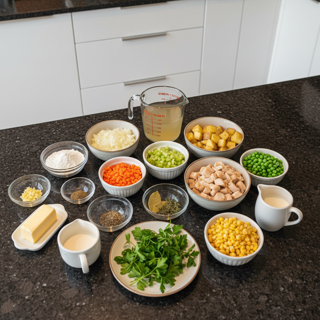 one-pot-chicken-pot-pie-soup-ingredients Fresh vegetables, chicken breast, herbs, and spices laid out for One-Pot Chicken Pot Pie Soup preparation.