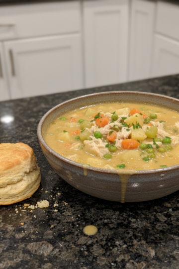 A steaming bowl of creamy One-Pot Chicken Pot Pie Soup garnished with fresh herbs and a flaky biscuit.