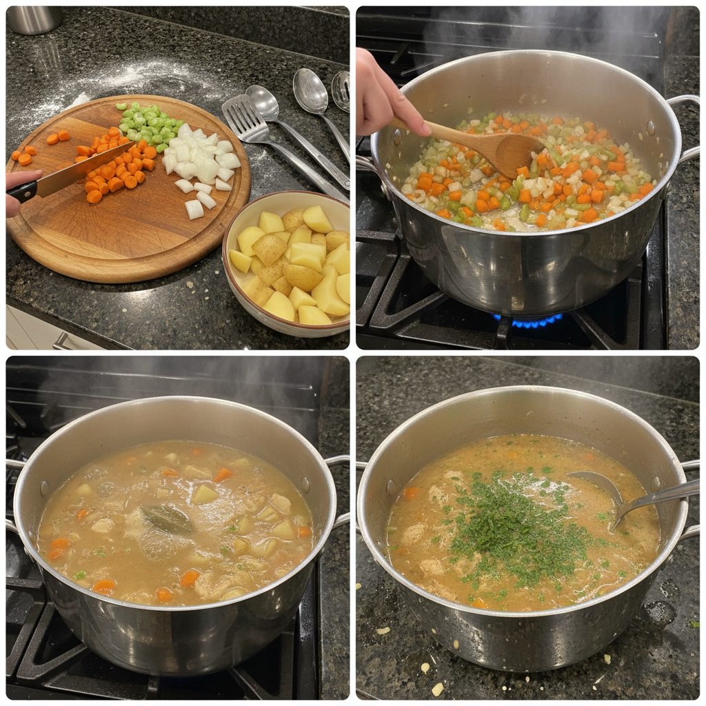 one-pot-chicken-pot-pie-soup-prep-step A close-up of vegetables and chicken simmering in a large pot, beginning the One-Pot Chicken Pot Pie Soup.