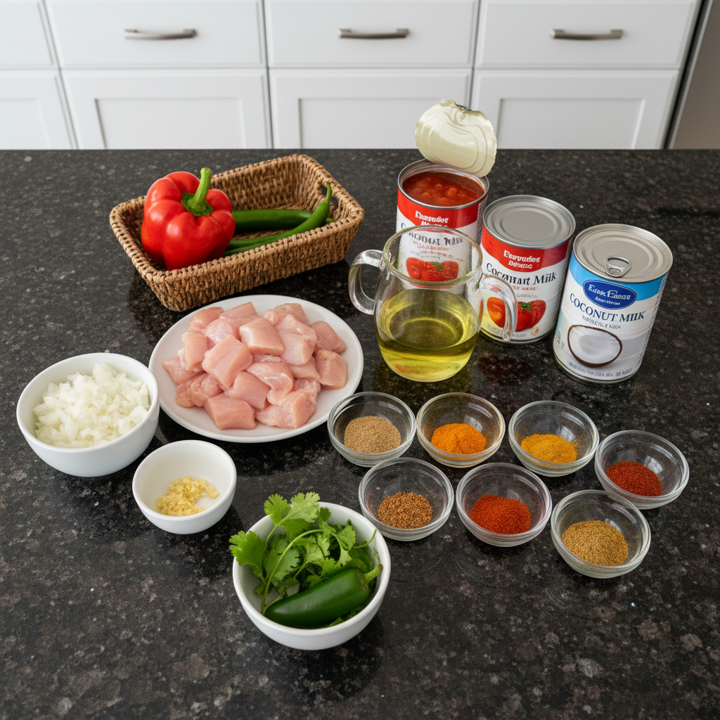 one-pot-chicken-tikka-masala-ingredients Fresh ingredients like chicken, tomatoes, spices, and cream laid out for One-Pot Chicken Tikka Masala.