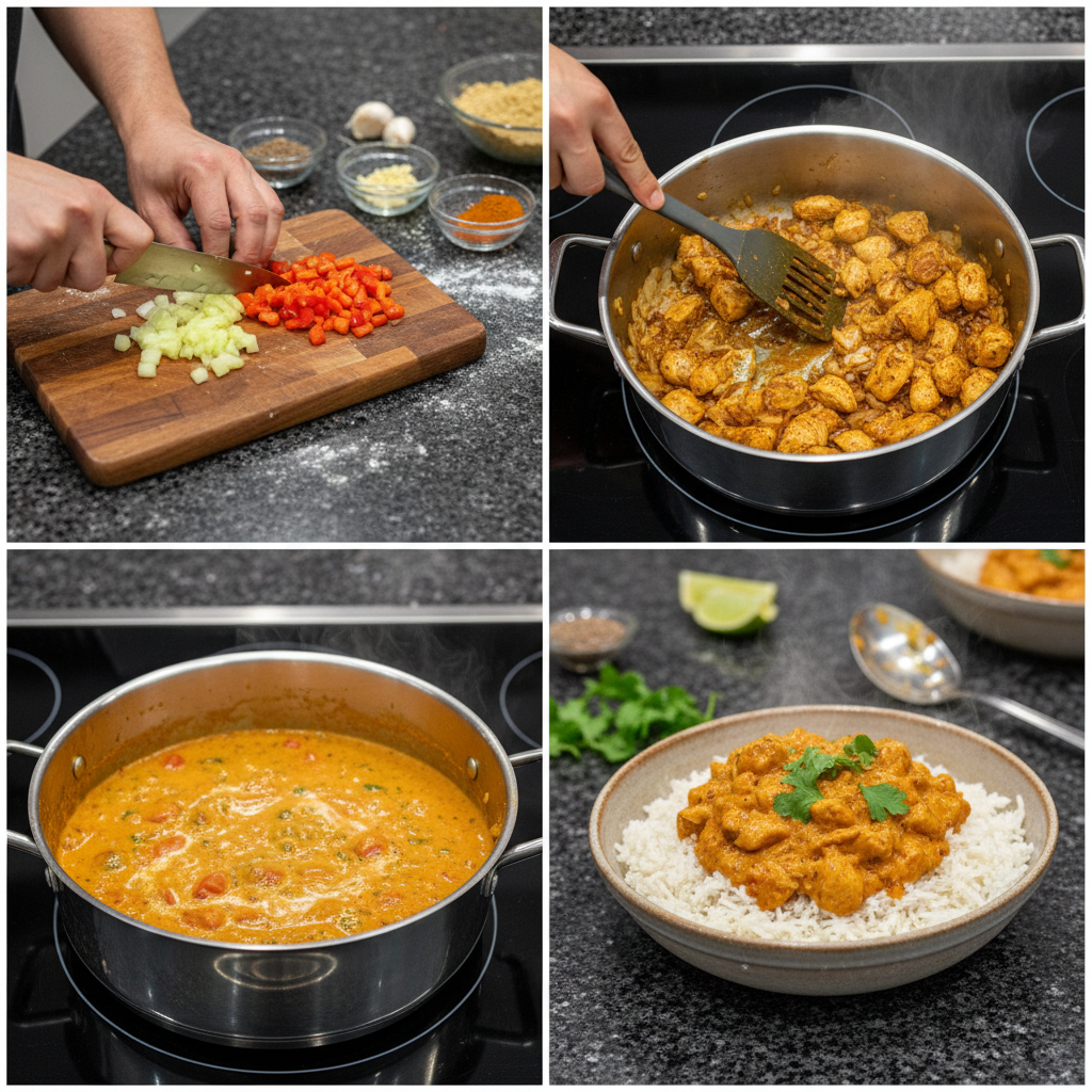 one-pot-chicken-tikka-masala-prep-simmering Chicken pieces simmering in a fragrant, creamy tomato sauce in a single pot for One-Pot Chicken Tikka Masala.