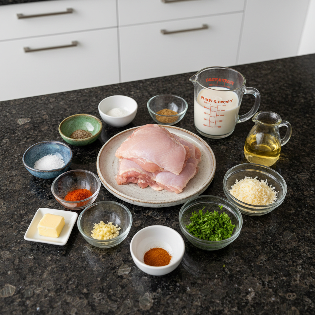 one-pot-creamy-garlic-chicken-ingredients Fresh ingredients laid out on a kitchen counter, ready for making One-Pot Creamy Garlic Chicken, including chicken, cream, garlic, and herbs.