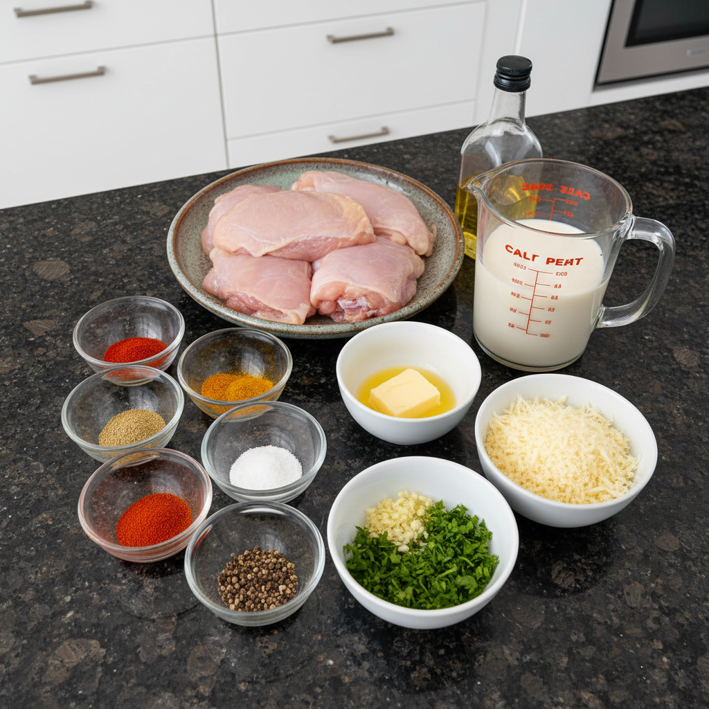 one-pot-creamy-garlic-chicken-ingredients Fresh ingredients laid out on a wooden board, ready to make One-Pot Creamy Garlic Chicken, including chicken thighs, garlic, cream, and herbs.