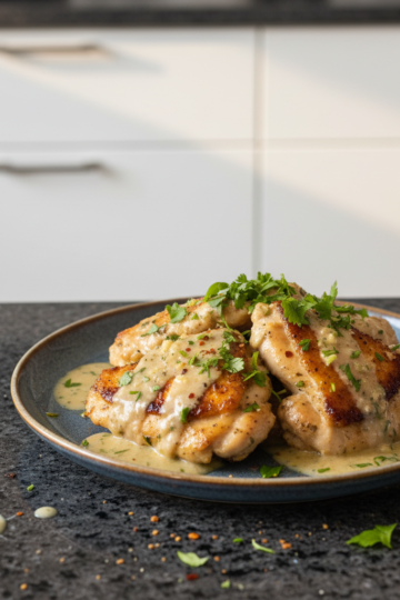 A close-up of a skillet brimming with rich and savory One-Pot Creamy Garlic Chicken, garnished with fresh parsley.