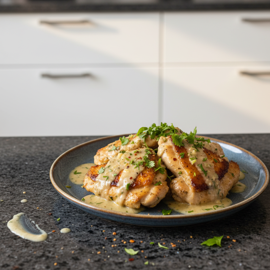 A close-up of a skillet brimming with rich and savory One-Pot Creamy Garlic Chicken, garnished with fresh parsley.
