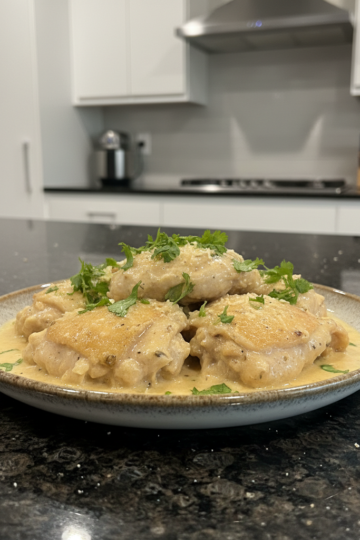 A close-up shot of a serving of delicious One-Pot Creamy Garlic Chicken, garnished with fresh parsley, in a rustic bowl.