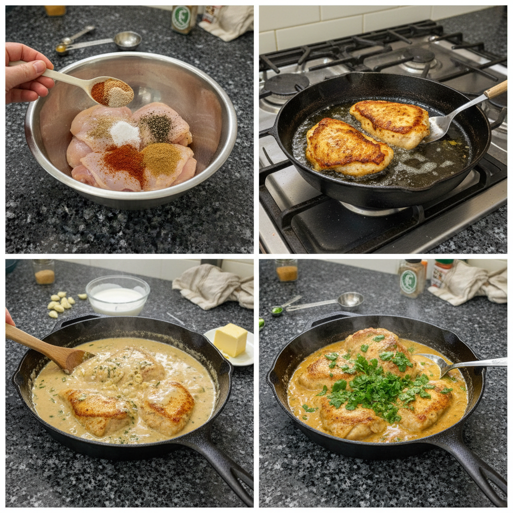one-pot-creamy-garlic-chicken-preparation A chef is stirring the sauce and chicken in a large pan during the preparation of One-Pot Creamy Garlic Chicken.