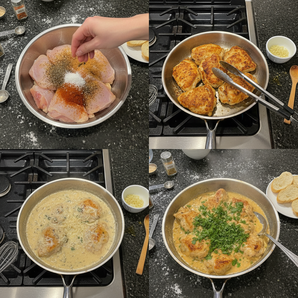 one-pot-creamy-garlic-chicken-searing-prep Searing chicken thighs in a large pot, an early step in preparing the One-Pot Creamy Garlic Chicken, creating a golden crust.