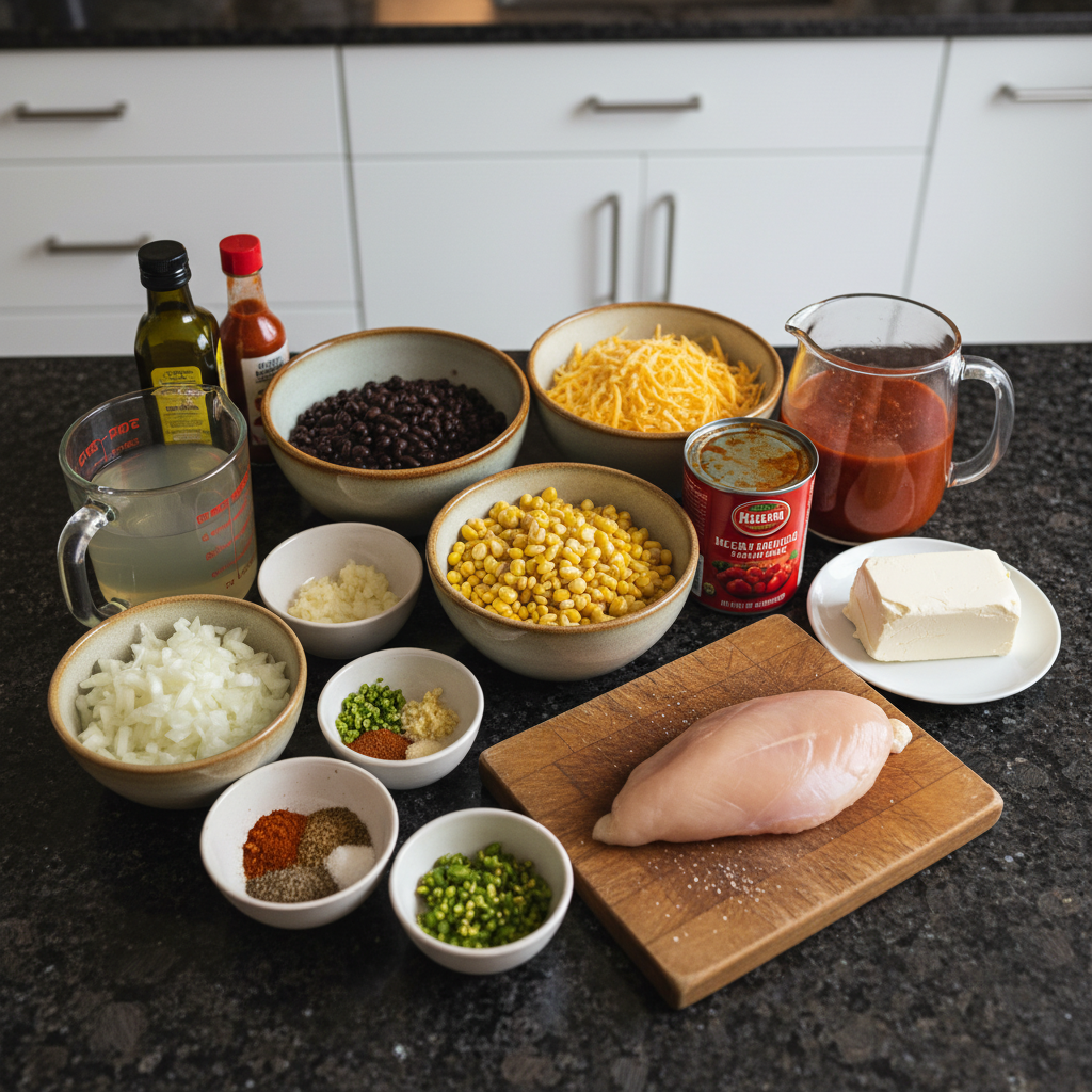 one-pot-enchilada-soup-ingredients Various fresh and pantry ingredients for One-Pot Enchilada Soup, including chicken, beans, corn, enchilada sauce, and spices, neatly arranged.