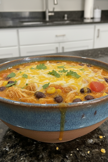 A steaming bowl of One-Pot Enchilada Soup garnished with fresh cilantro and a dollop of sour cream, ready to be enjoyed.