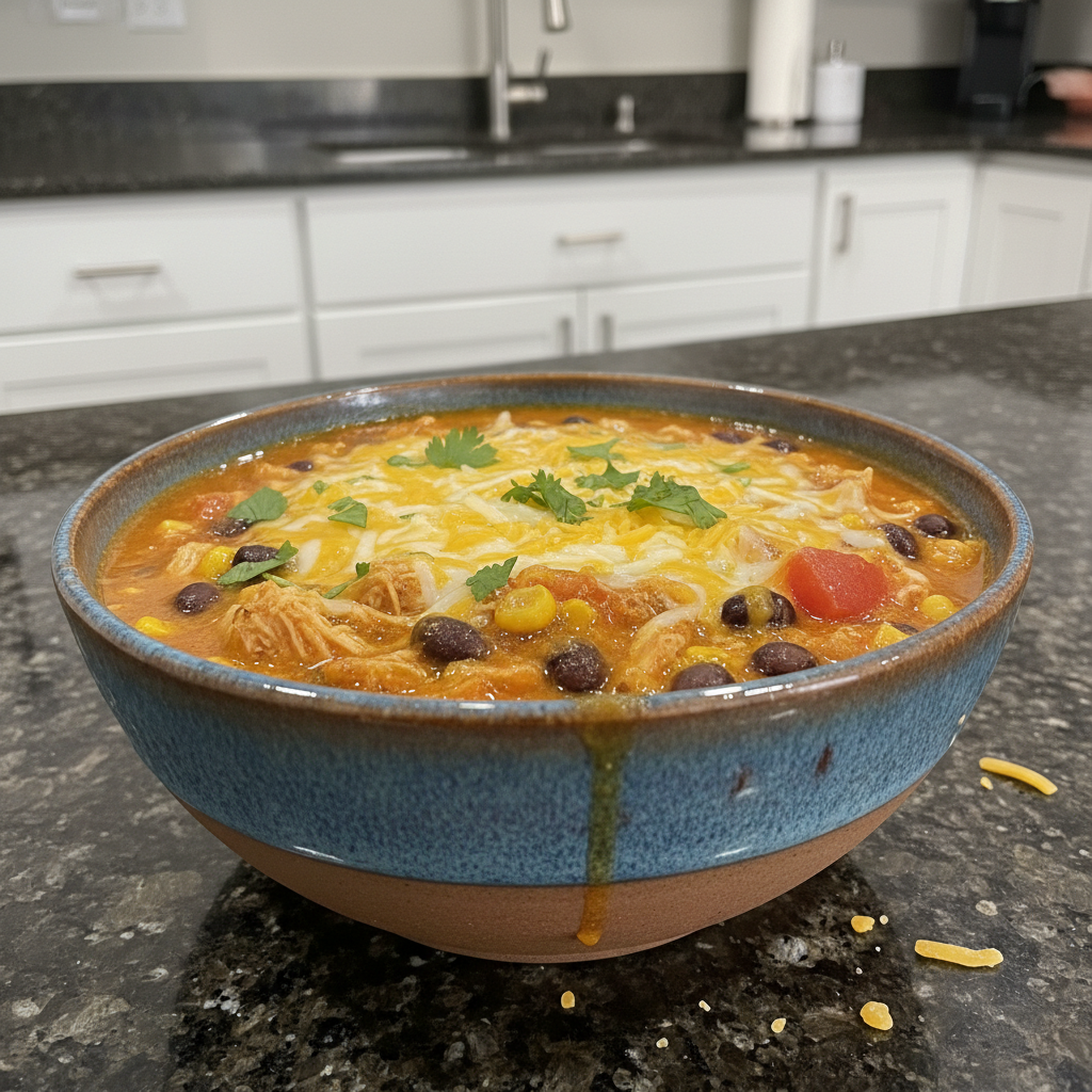 A steaming bowl of One-Pot Enchilada Soup garnished with fresh cilantro and a dollop of sour cream, ready to be enjoyed.
