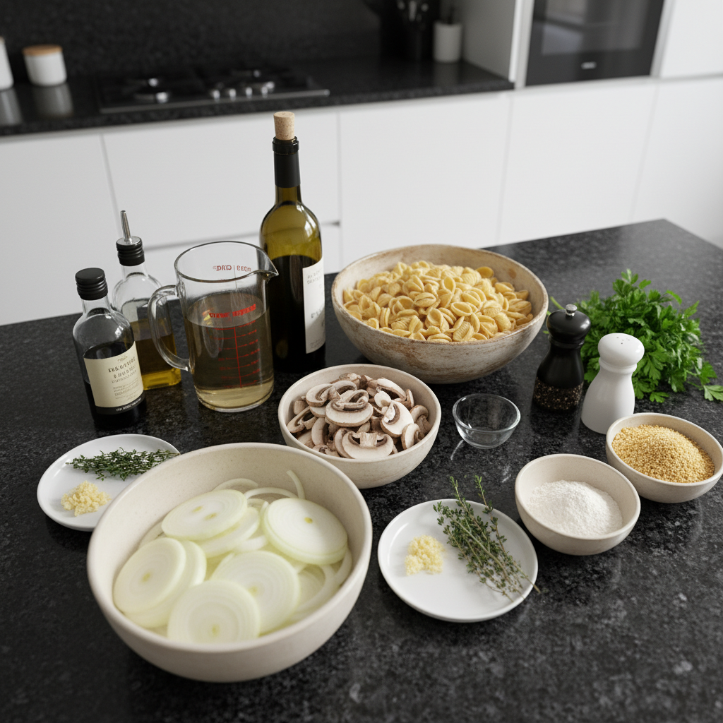 one-pot-french-onion-pasta-ingredients Fresh ingredients laid out for One-Pot French Onion Pasta, including onions, pasta, broth, and cheese.