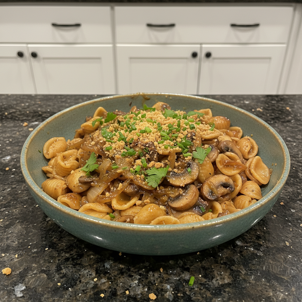 A creamy, rich bowl of One-Pot French Onion Pasta garnished with fresh thyme, ready to be enjoyed.