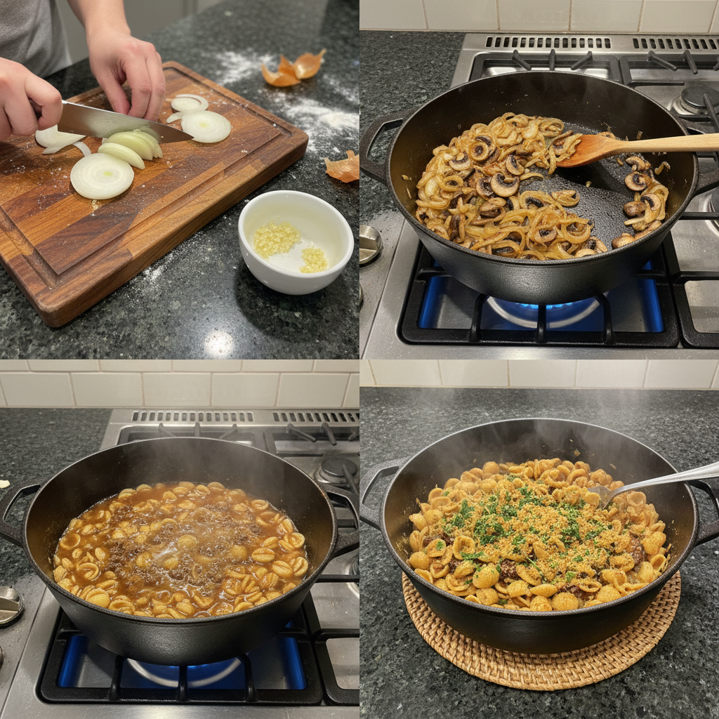one-pot-french-onion-pasta-prep Onions caramelizing in a large pot, a key step in making delicious One-Pot French Onion Pasta.