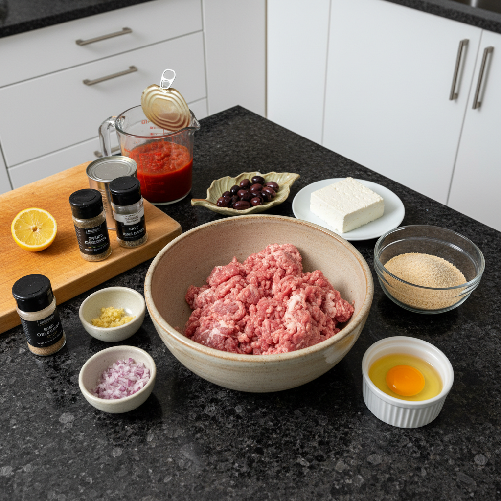 one-pot-greek-meatballs-ingredients Fresh ingredients for One-Pot Greek Meatballs laid out, including ground beef, spices, tomatoes, and pasta, ready for cooking.