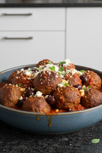 A beautiful close-up of the finished One-Pot Greek Meatballs, served with a rich tomato sauce and fresh herbs, ready to eat.